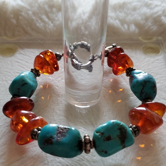 Amber and Turquoise Silver Bracelet - Picture 2 of 7